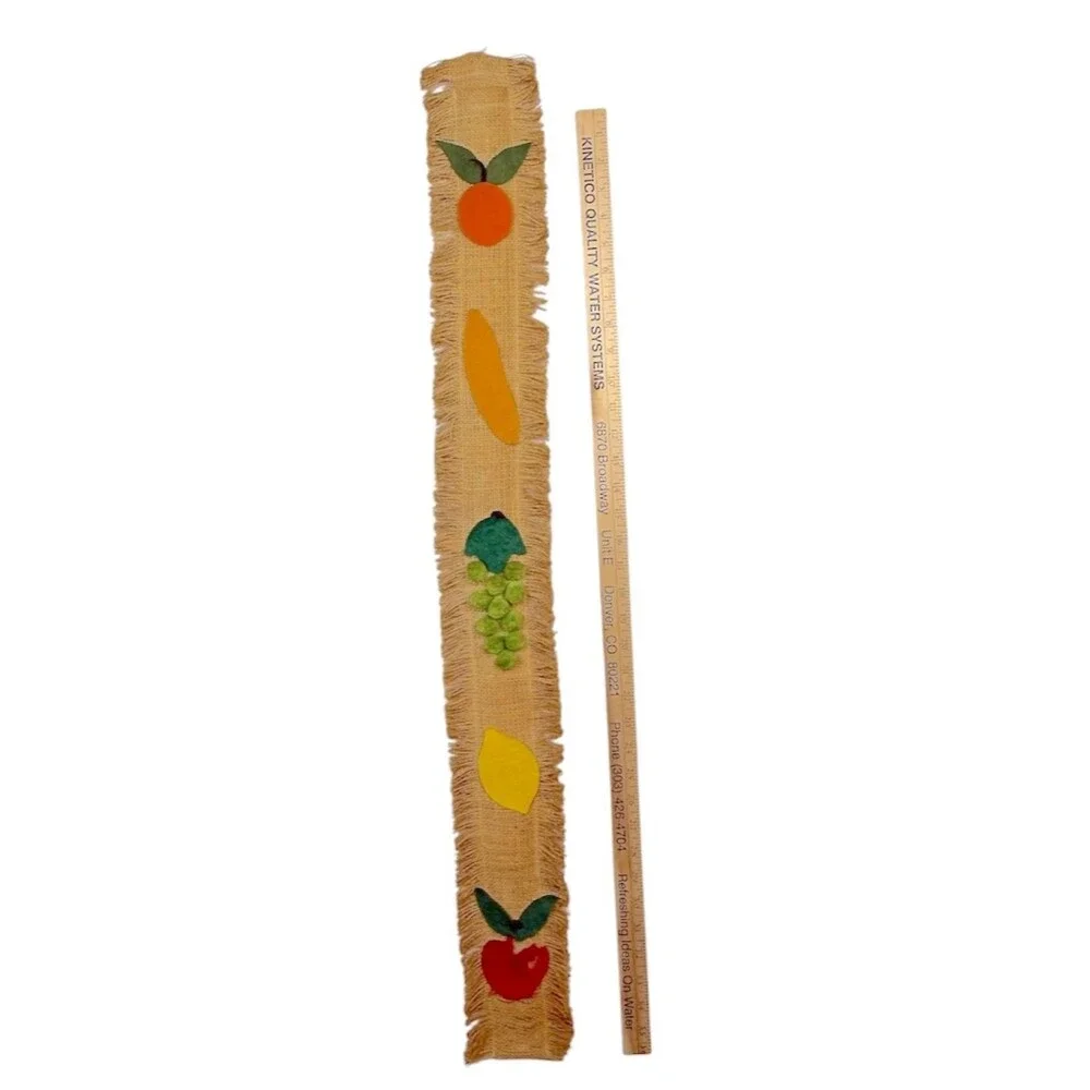 Vintage 70s Burlap Fruit Wall Hanging Yardstick Holder Ad Ruler Rustic Country